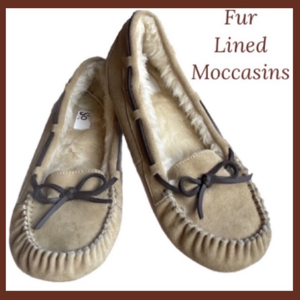 Tan Moccasins Suede Leather Slip On Sherpa Lined Slip On Indian Moccasins Size 9